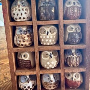 Vintage Emson Stoneware Ceramic Owl Figurines Set with Wooden Display Box